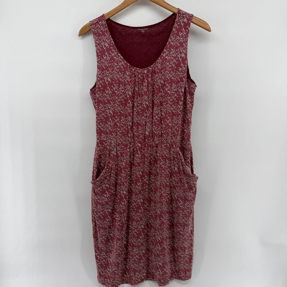 Garnet Hill Burgundy Floral Tencel Sleeveless Pocket Dress cottage comfy Small